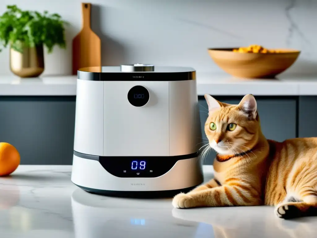 Comedero inteligente para mascotas con cámara y pantalla LED personalizable Un elegante comedero inteligente para mascotas con cámara y pantalla LED, en un entorno moderno y armonioso