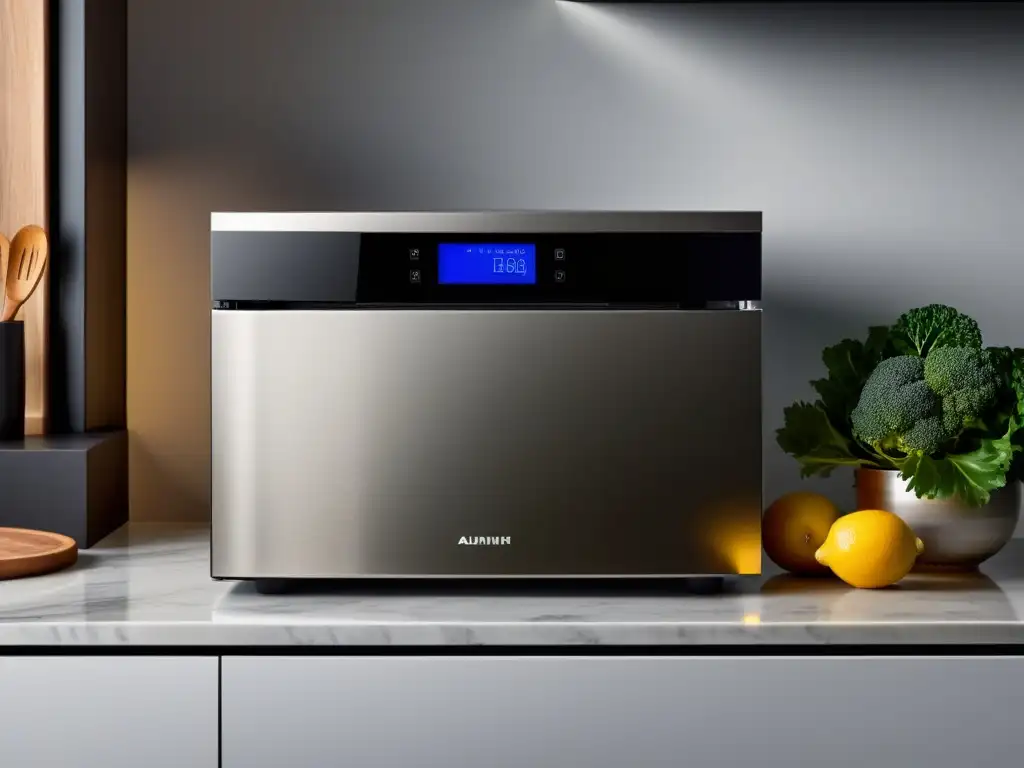 Set de cocina todo en uno: moderno, compacto y eficiente Un elegante conjunto de mini electrodomésticos multifuncionales para apartamentos pequeños en una encimera minimalista, con acabados de acero inoxidable y controles táctiles