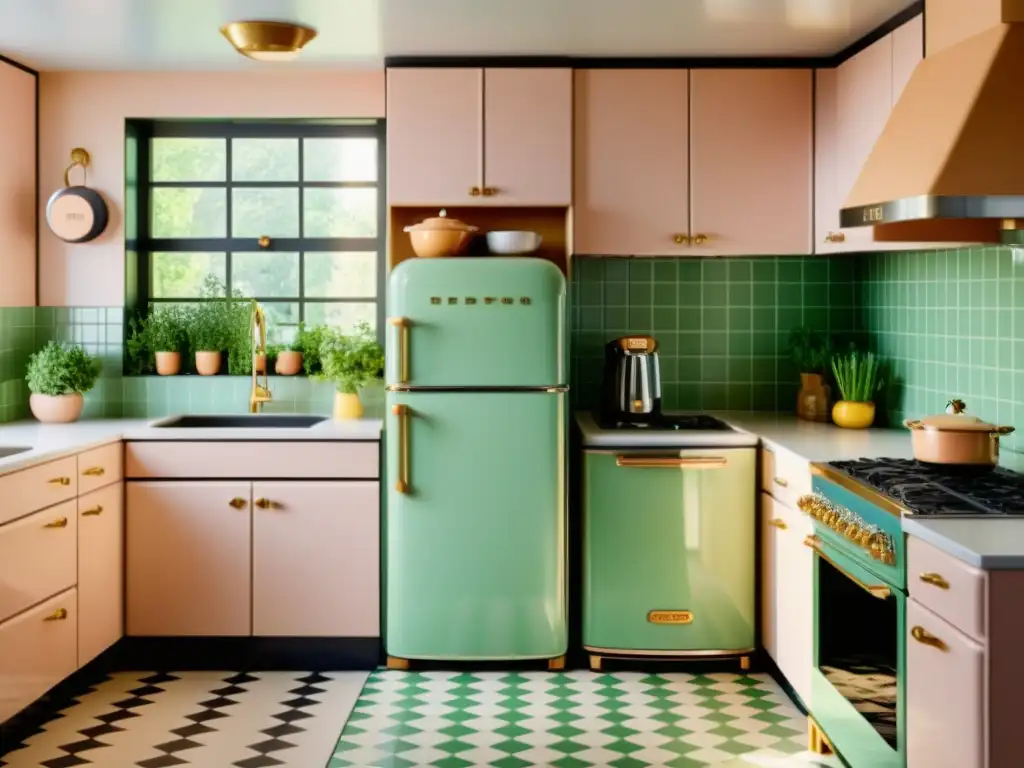 Imagen 8k de cocina retro con electrodomésticos pastel y encanto vintage Un elegante y detallado diseño de cocina retro con electrodomésticos de marcas líderes estilo retro, bañados en luz natural suave y encanto vintage