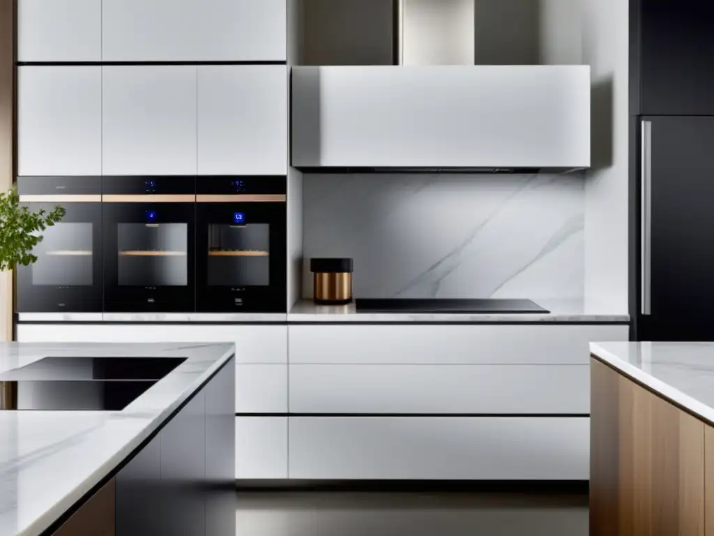 Un elegante diseño de cocina minimalista con electrodomésticos inteligentes estilo minimalista que emanan simplicidad y sofisticación