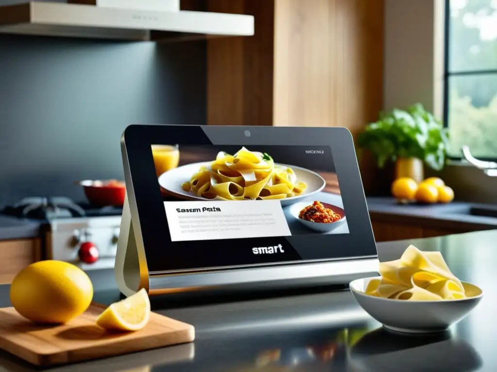 Receta HD de pasta en pantalla inteligente: cocina moderna Un elegante smart display en la cocina, mostrando una receta de pasta HD, fusionando tecnología y arte culinario