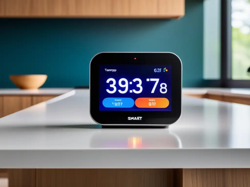 Dispositivo inteligente para el hogar: temperatura y salud en tiempo real Un elegante dispositivo inteligente para el hogar muestra datos de temperatura y salud en una pantalla digital, rodeado de iluminación natural suave