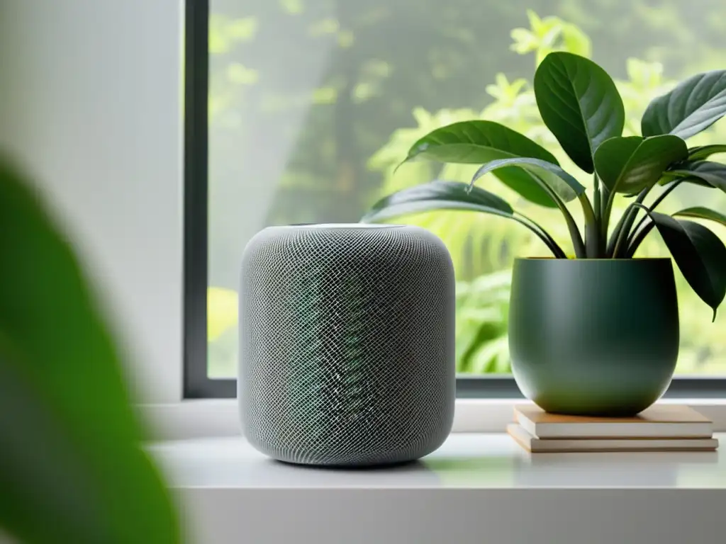 HomePod Apple: Elegancia en el hogar moderno El elegante Apple HomePod se destaca en un entorno moderno y natural, mostrando su integración perfecta en el hogar