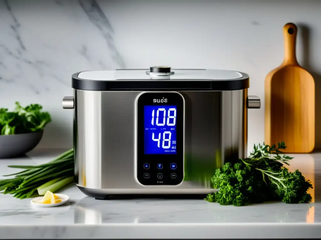 Sous Vide: Elegancia culinaria en casa con estilo Un elegante equipo de cocción al vacío sous vide, rodeado de ingredientes frescos y platos blancos, en una escena culinaria sofisticada y acogedora