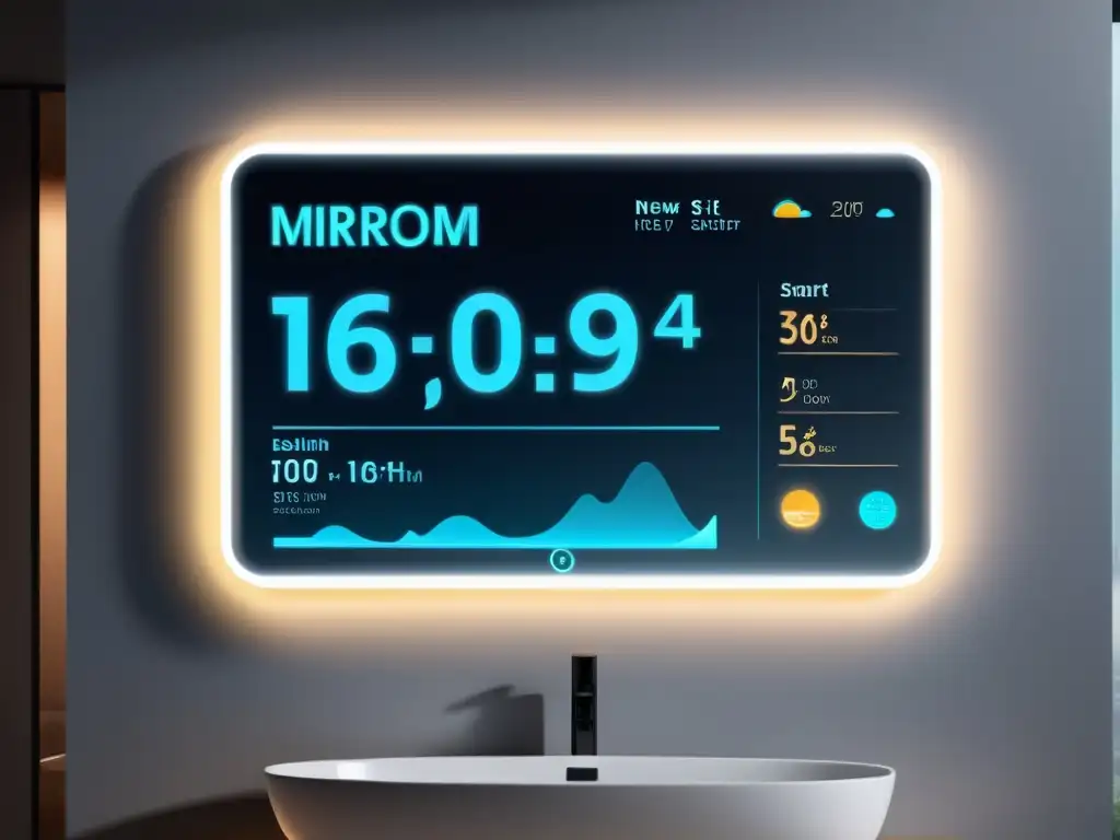 Un elegante espejo inteligente en un baño moderno, mostrando el clima, noticias y agenda diaria personalizada, con un sutil resplandor futurista