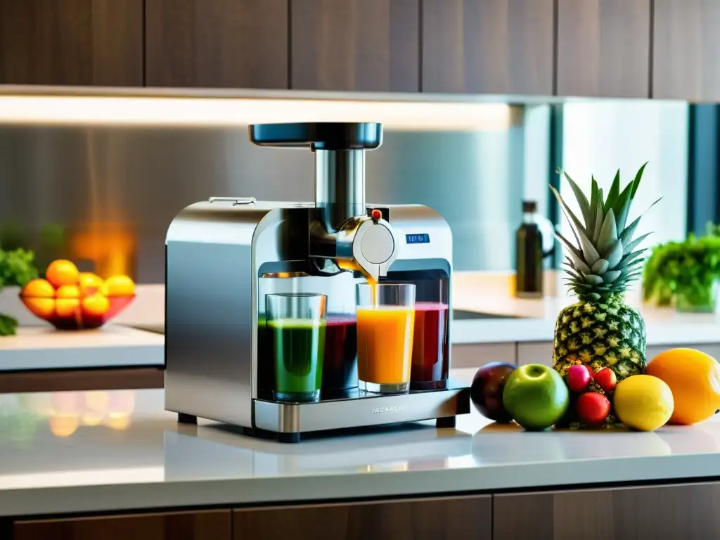 Extractor de acero inoxidable en acción con jugos frescos Un elegante extractor de acero inoxidable en acción, extrayendo jugo fresco en un ambiente moderno con frutas y verduras vibrantes