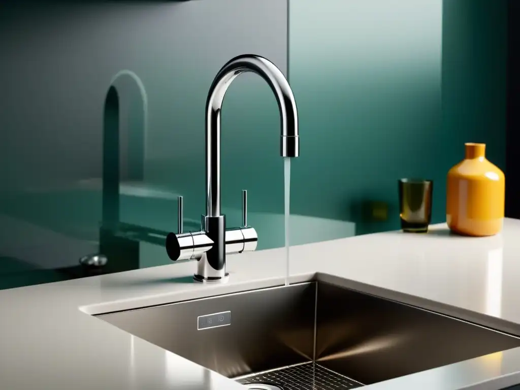 Filtro de agua elegante para grifo: pureza y estilo en la cocina Un elegante filtro de agua cromado para grifo con pantalla digital, que complementa el diseño minimalista de la cocina
