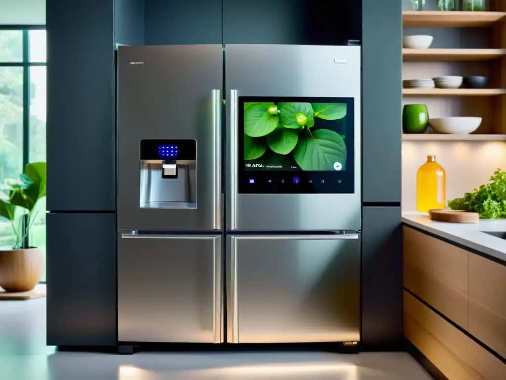 Un elegante y futurista refrigerador inteligente con pantalla táctil transparente