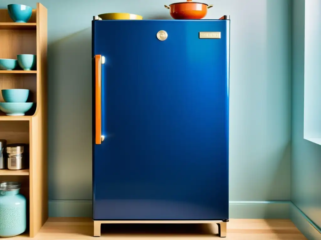 Gabinete de cocina vintage reconvertido en azul profundo Un elegante gabinete de cocina reutilizando un refrigerador vintage, iluminado con LED, mostrando su innovador diseño y cómo reutilizar electrodomésticos antiguos en casa