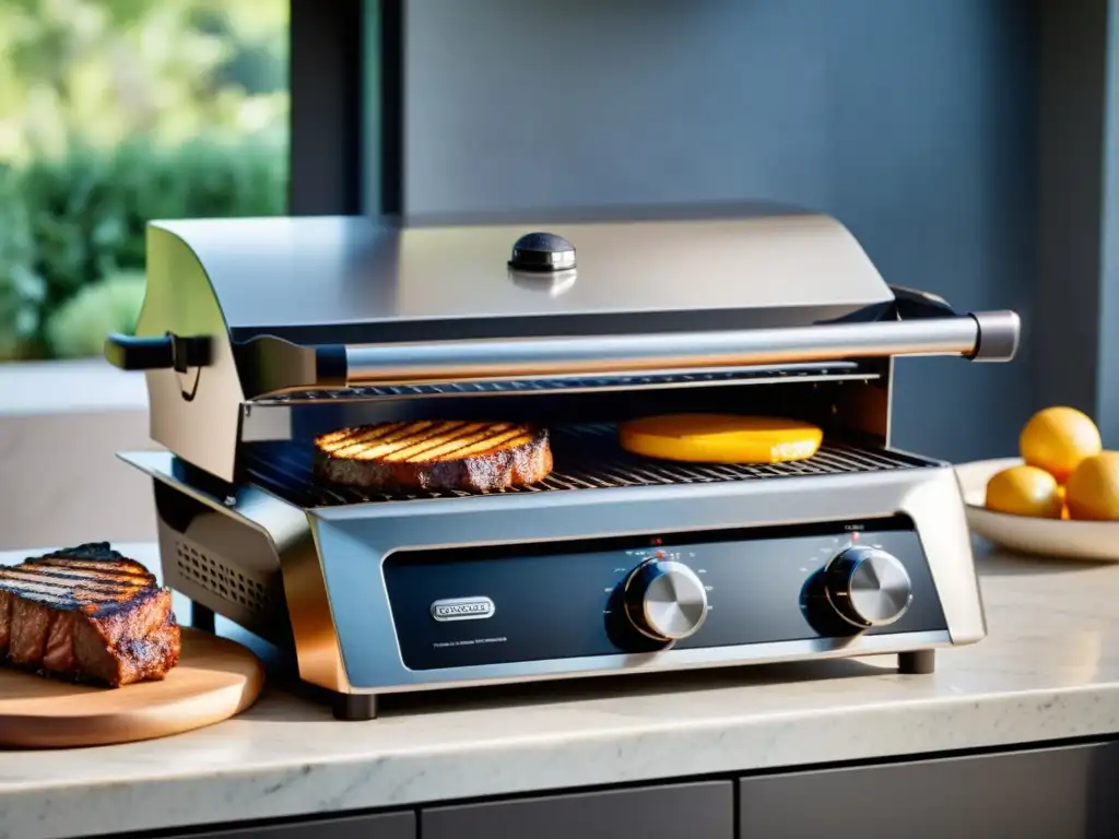 Parrillas eléctricas y tradicionales: una comparación brillante Un elegante grill eléctrico y una parrilla de contacto tradicional en una moderna cocina exterior