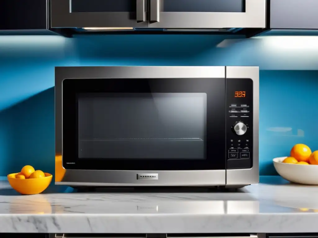Horno microondas de acero inoxidable negro con pantalla digital y luz azul Un elegante horno microondas de acero inoxidable negro con iluminación interior azul suave