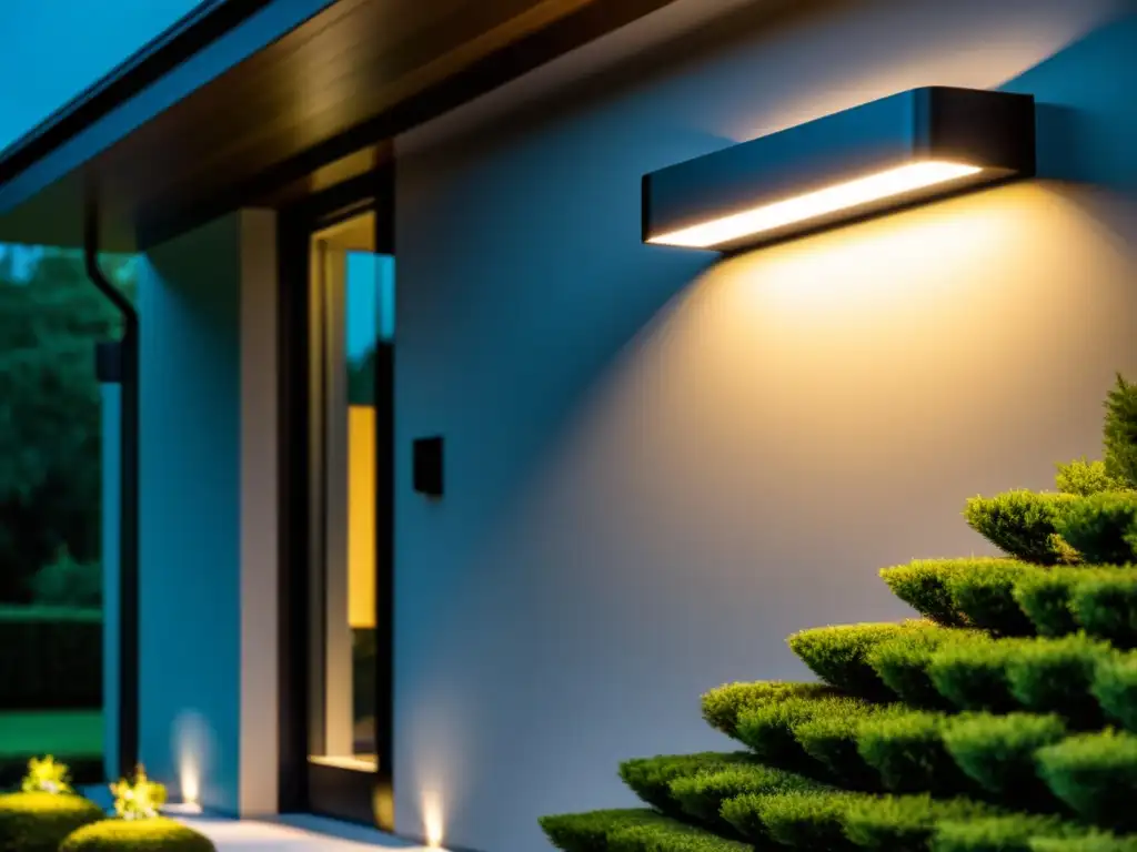 Iluminación inteligente: seguridad y sofisticación Una elegante iluminación inteligente como disuasivo de seguridad, instalada en una casa contemporánea, proyecta sofisticación y fiabilidad
