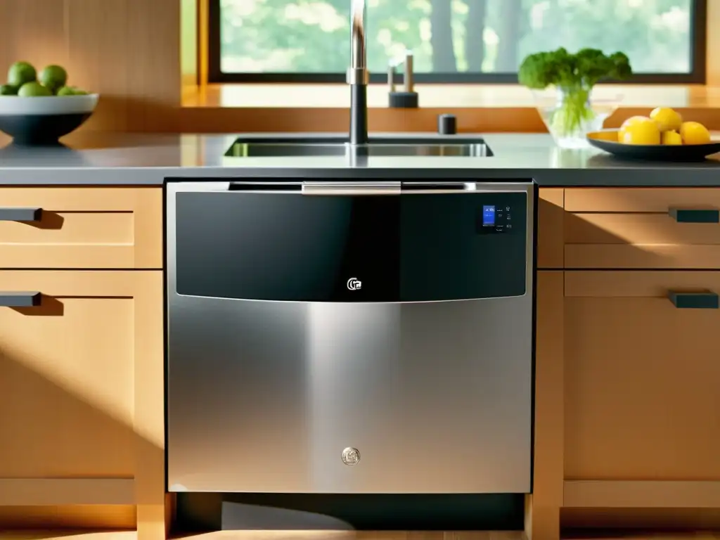 Lavavajillas GE Profile: Elegancia en acción Un elegante lavavajillas silencioso GE Profile en una cocina contemporánea, mostrando eficiencia y tranquilidad