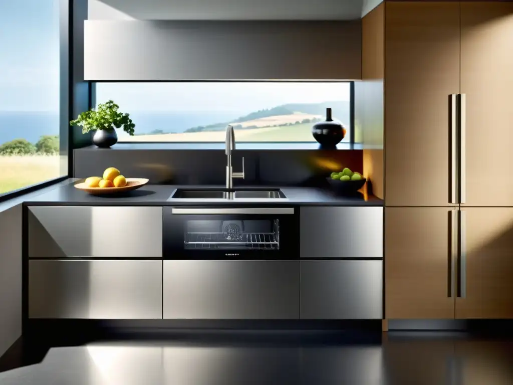 Un elegante lavavajillas ultrarrápido integrado en una cocina moderna, iluminada por luz natural y tecnología de vanguardia
