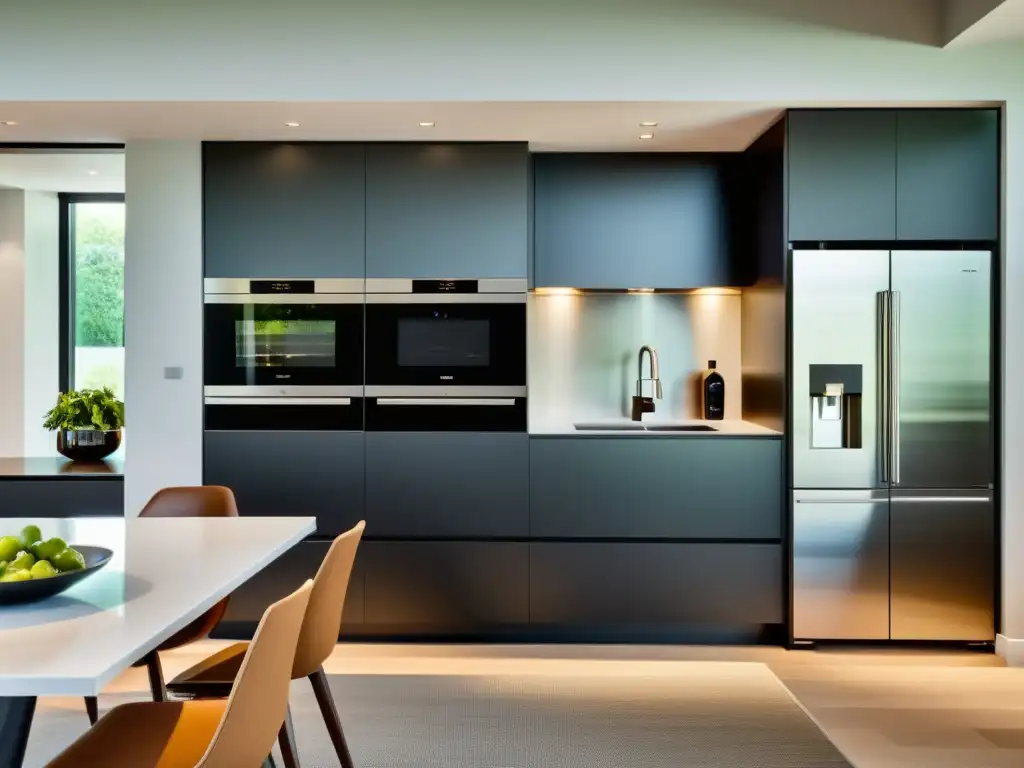 Salón moderno con electrodomésticos integrados: elegancia contemporánea Un elegante living con electrodomésticos integrados en un diseño moderno y sofisticado