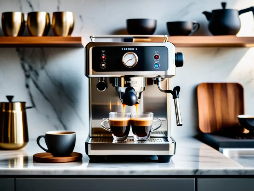 Espresso elegante y acogedor en cocina moderna Una elegante máquina de espresso en una cocina compacta, rodeada de tazas de café y granos recién molidos