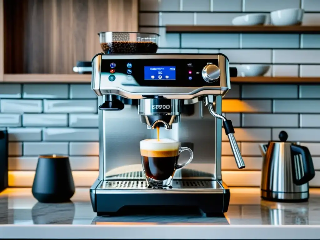 Máquina de Café Espresso Moderna en Cocina Minimalista Una elegante máquina de espresso en una cocina moderna con azulejos blancos y electrodomésticos de acero inoxidable