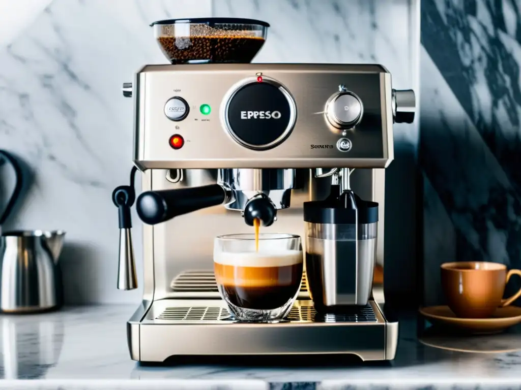 Máquina de Café Espresso: Elegancia Moderna en la Cocina Una elegante máquina de espresso con diseño moderno en acero inoxidable, sobre una encimera de mármol en una cocina luminosa y contemporánea