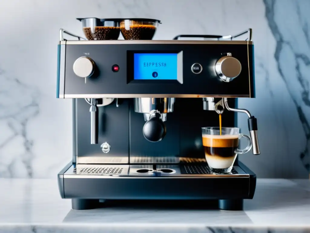 Espresso machine de diseño minimalista en mármol Una elegante máquina de espresso en una encimera de mármol, con un diseño minimalista y un suave brillo azul