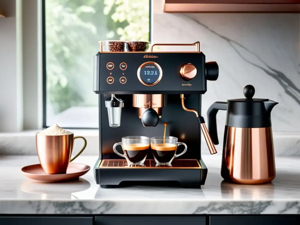 Máquina de café espresso negra mate con toques de oro rosa en elegante cocina Una elegante máquina de espresso negra mate con detalles en oro rosa descansa sobre una encimera de mármol, rodeada de granos de café recién molidos, una jarra para espumar la leche y una pila de delicadas tazas de espresso