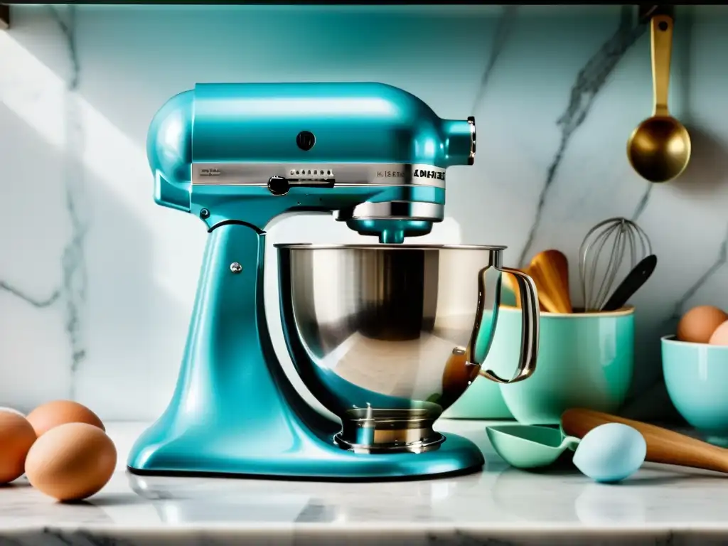 Un elegante mezclador vintage azul pastel con detalles cromados en una encimera de mármol blanco, rodeado de utensilios de cocina vintage