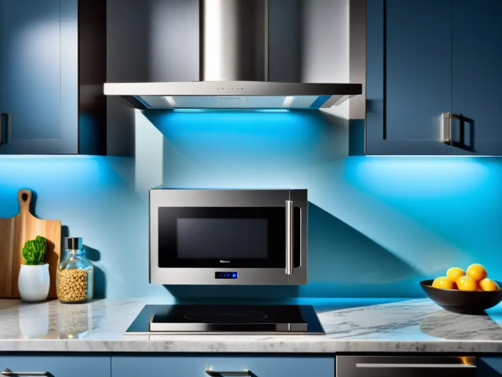 Microondas de acero inoxidable en cocina elegante Un elegante microondas de acero inoxidable con display digital y controles táctiles, en una cocina sofisticada con iluminación ambiental