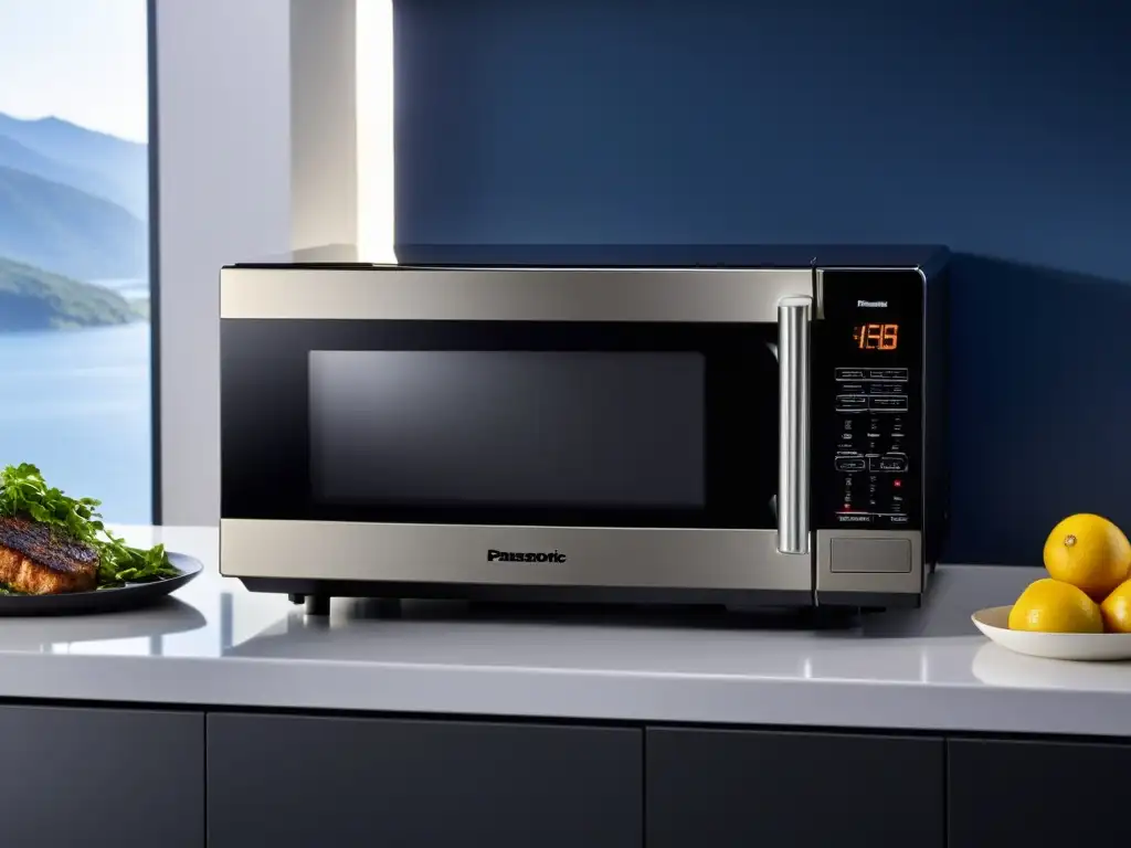 Microondas Panasonic NNDF386BZPE: Cocina moderna y deliciosa Un elegante microondas con grill Panasonic NNDF386BZPE en una encimera blanca impecable, con su pantalla digital brillando suavemente