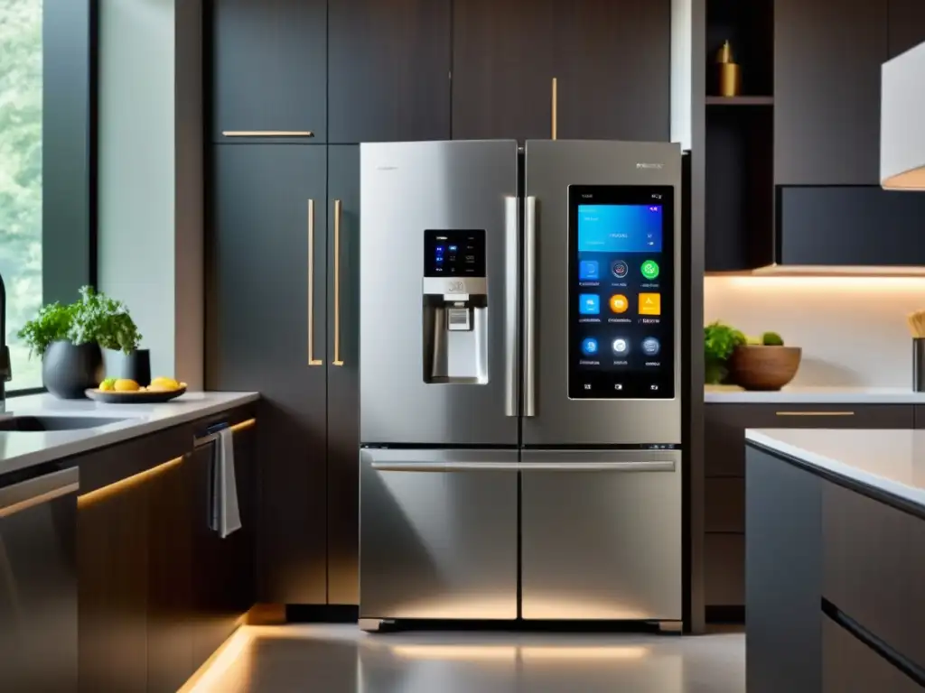 Cocina moderna con asistente virtual integrado Un elegante y moderno ambiente de cocina con electrodomésticos de acero inoxidable y asistentes virtuales integrados
