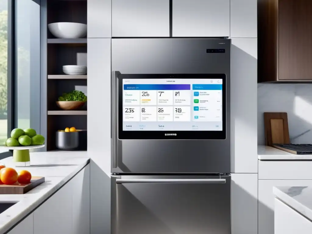 Refrigerador Samsung Family Hub: Elegancia y tecnología para tu cocina Un elegante y moderno ambiente de cocina con el frigorífico inteligente Samsung como pieza central, mostrando su conveniencia y elegancia