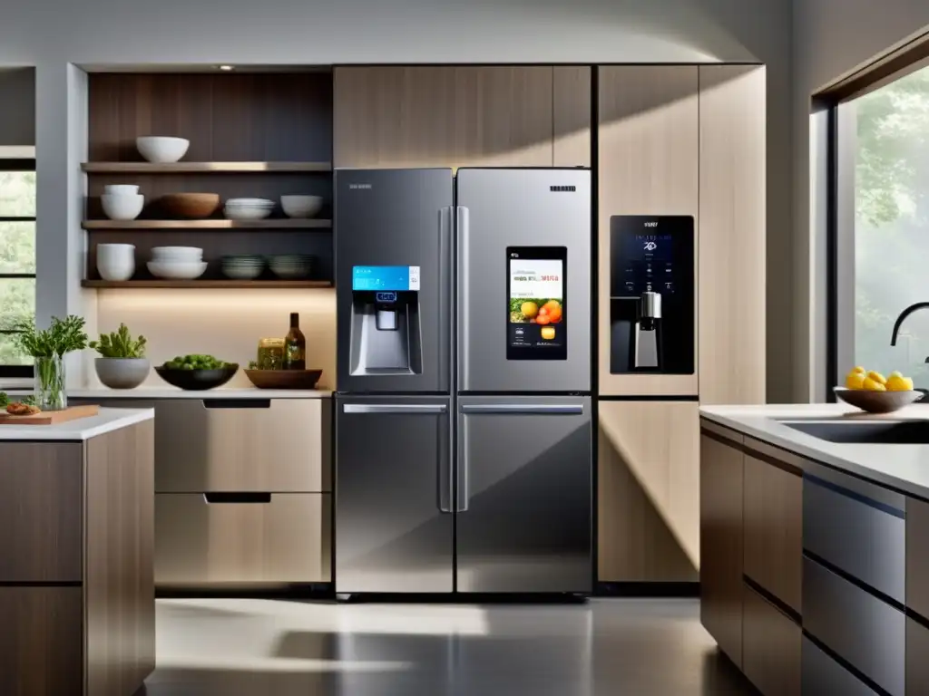 Cocina moderna con refrigerador Samsung Family Hub y luz natural Un elegante y moderno ambiente de cocina con el frigorífico inteligente Samsung como pieza central, ofreciendo un ambiente luminoso y acogedor