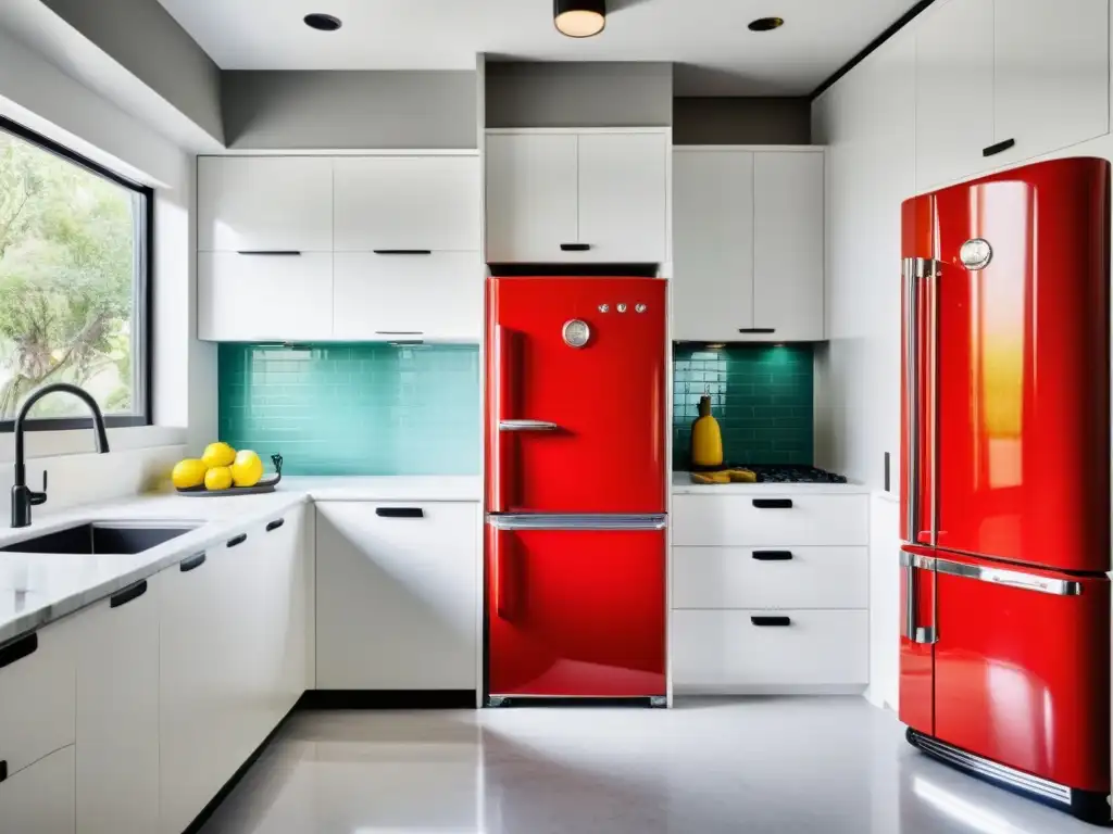 Cocina minimalista con nevera retro roja Un elegante y moderno diseño de cocina con electrodomésticos retro modernos, como un vibrante refrigerador rojo como punto focal