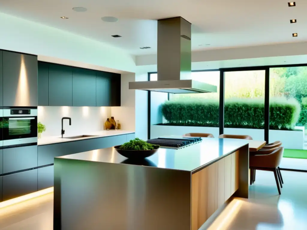 Cocina moderna con extractor de techo de acero inoxidable Un elegante y moderno diseño de cocina con ventilador y extractor de techo, iluminado con luces LED empotradas