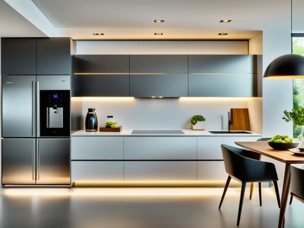 Cocina moderna con electrodomésticos energéticamente eficientes Un elegante y moderno diseño de cocina con electrodomésticos de tecnología inverter para un ahorro energético