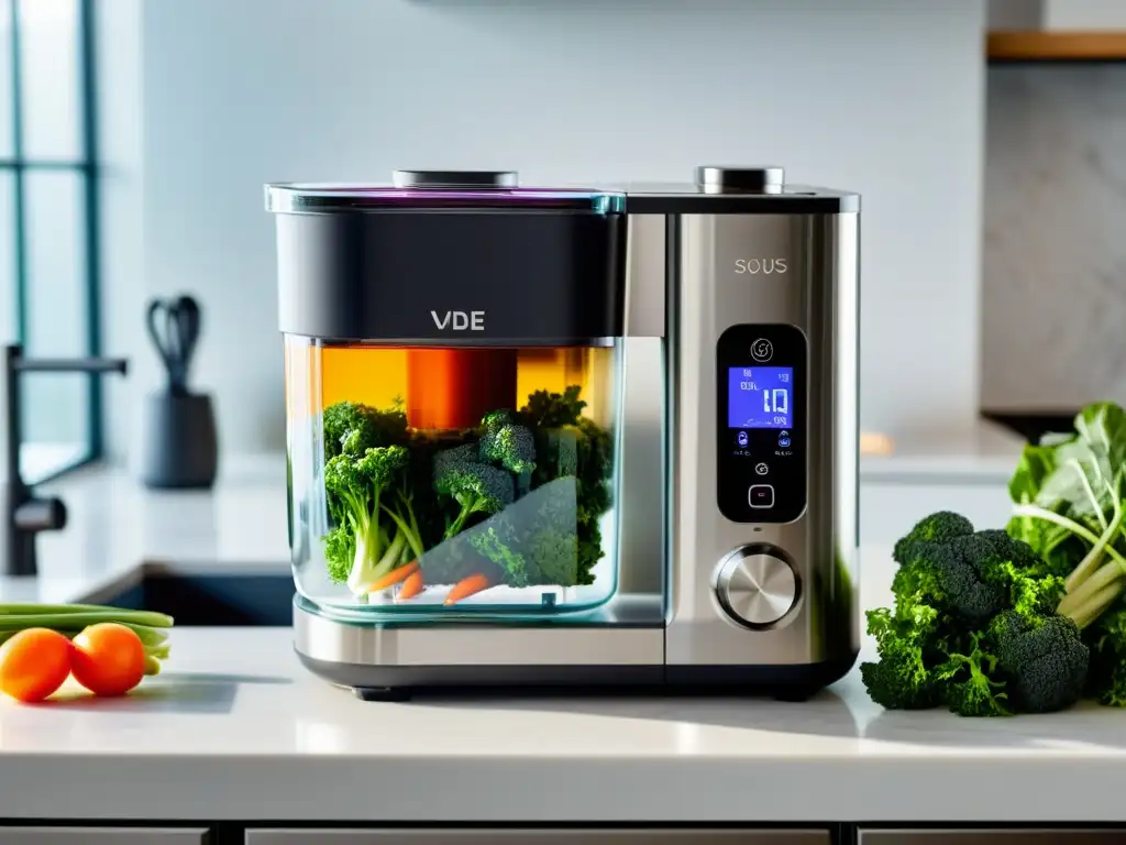 Sous Vide: Tecnología de Cocina Moderna Un elegante y moderno equipo de cocción sous vide con pantalla digital y detalles de acero inoxidable sobre una encimera blanca impecable