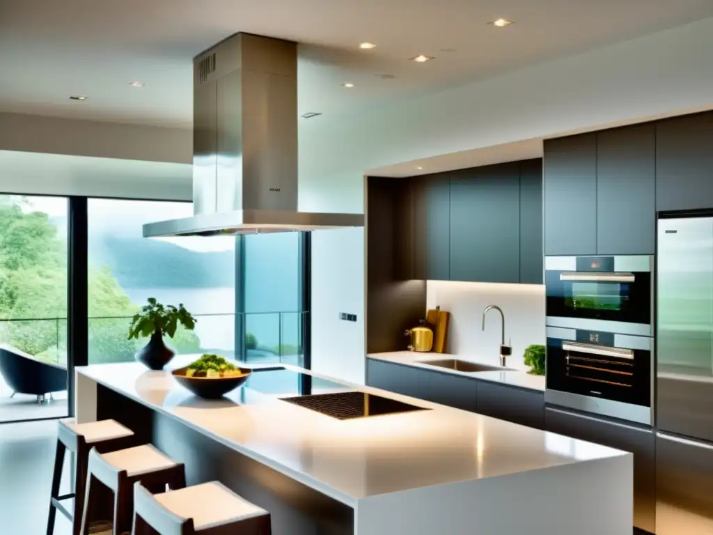 Cocina moderna con extractor de techo eliminando olores Un elegante y moderno espacio de cocina con ventilador de techo eliminando vapor y olores, creando una atmósfera sofisticada