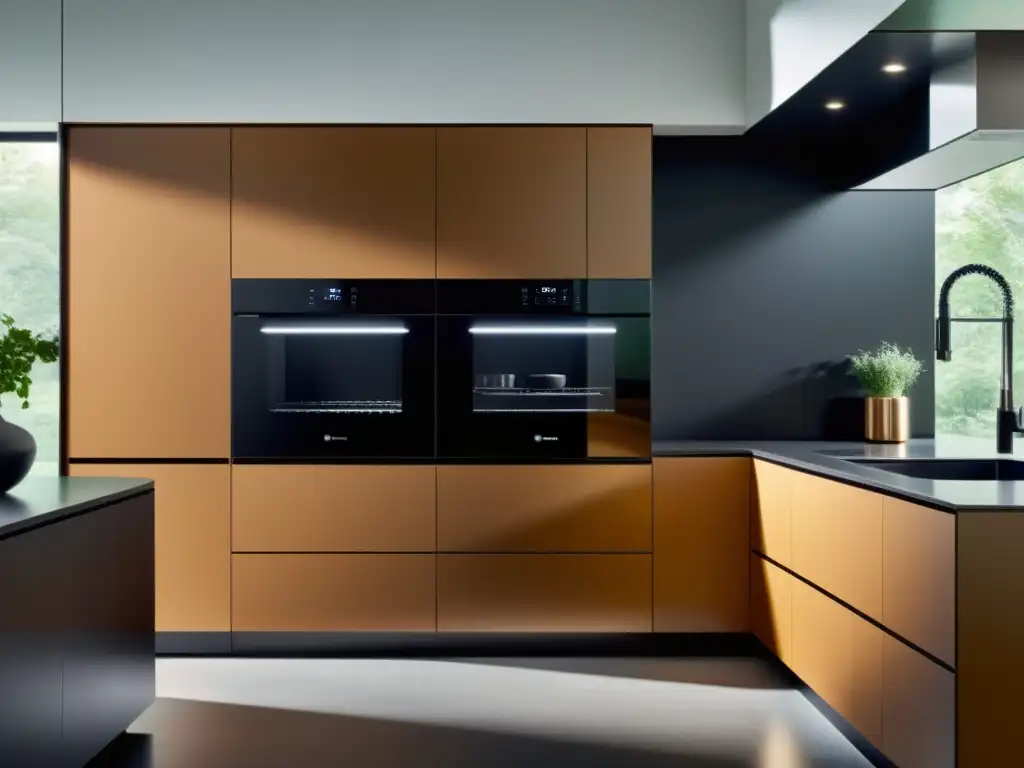 Cocina futurista con electrodomésticos inteligentes y asistente virtual Un elegante y moderno espacio de cocina con electrodomésticos inteligentes, controlados por un asistente virtual, en un ambiente futurista y acogedor