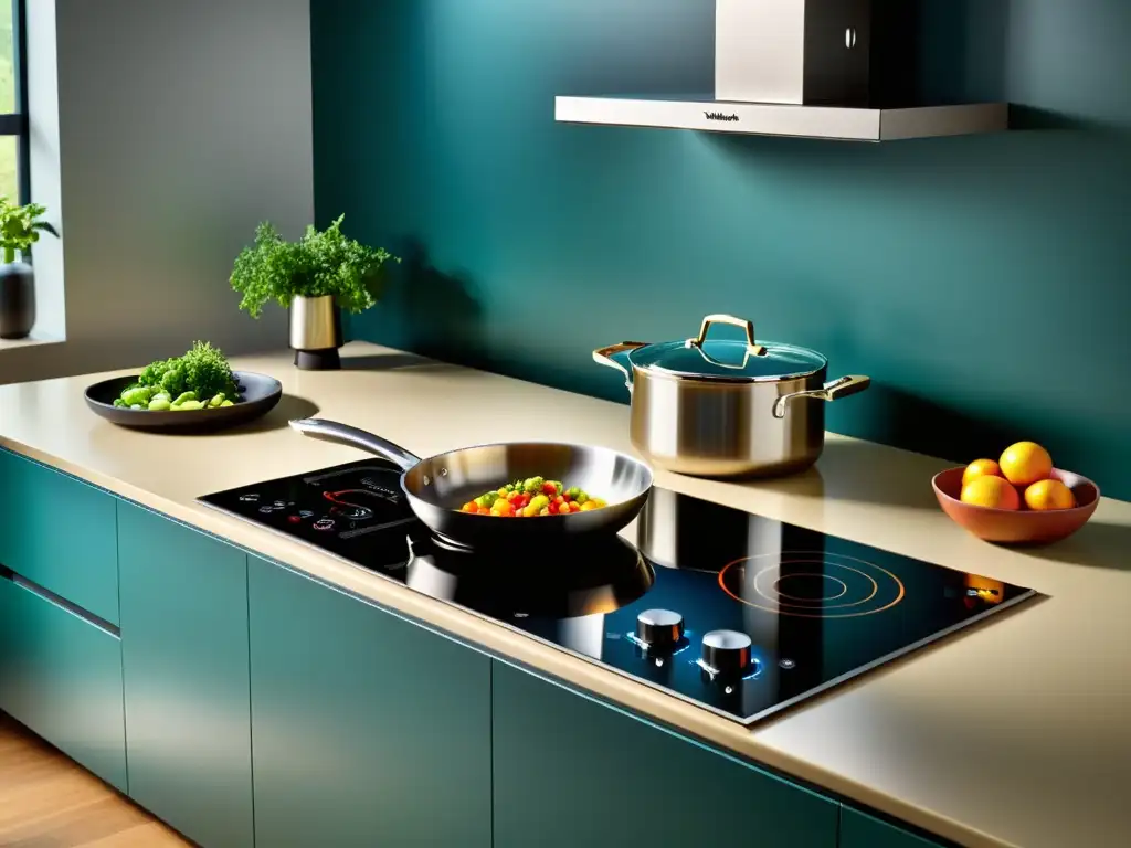 Un elegante y moderno espacio culinario con el anafe de inducción Whirlpool como protagonista, brilla con innovación y elegancia culinaria