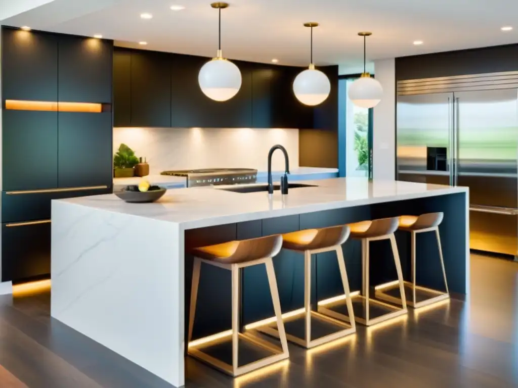 Un elegante y moderno espacio social en la cocina con electrodomésticos para vida social, amigos disfrutando y un ambiente acogedor y sofisticado