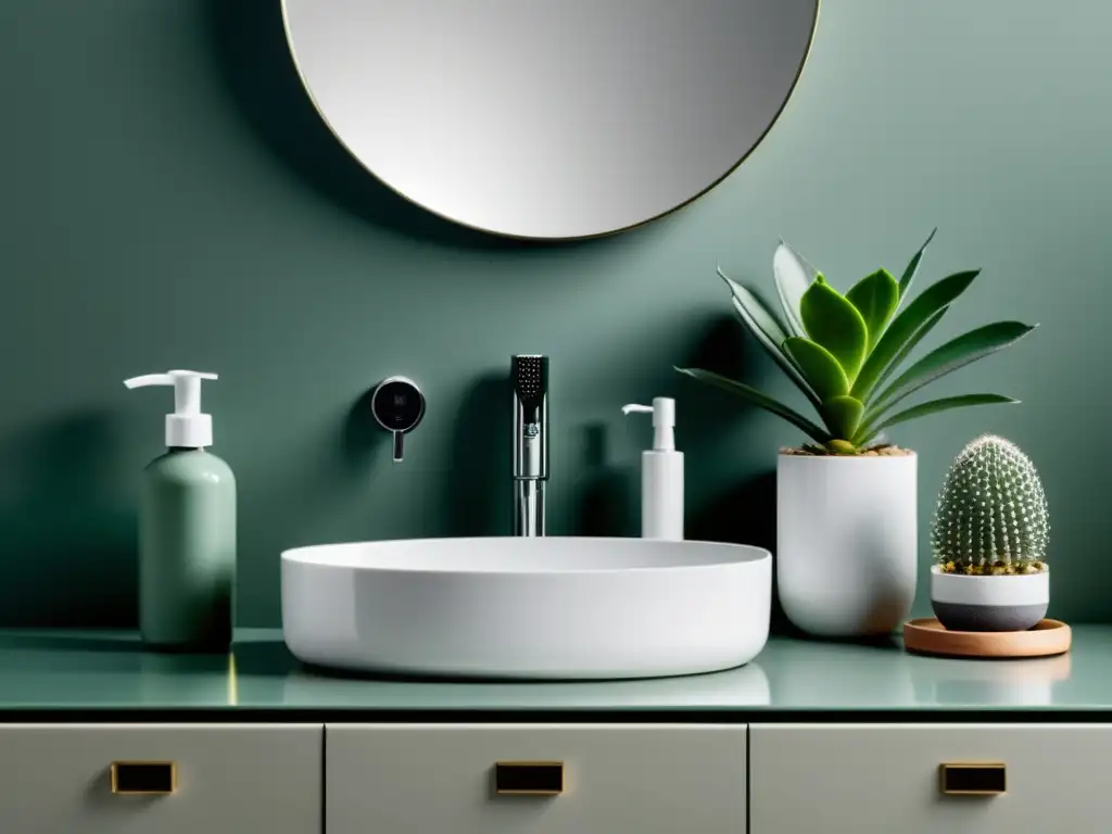 Baño moderno con cuidado personal y plantas Un elegante y moderno lavabo de baño con pequeños electrodomésticos de cuidado personal en acabados metálicos
