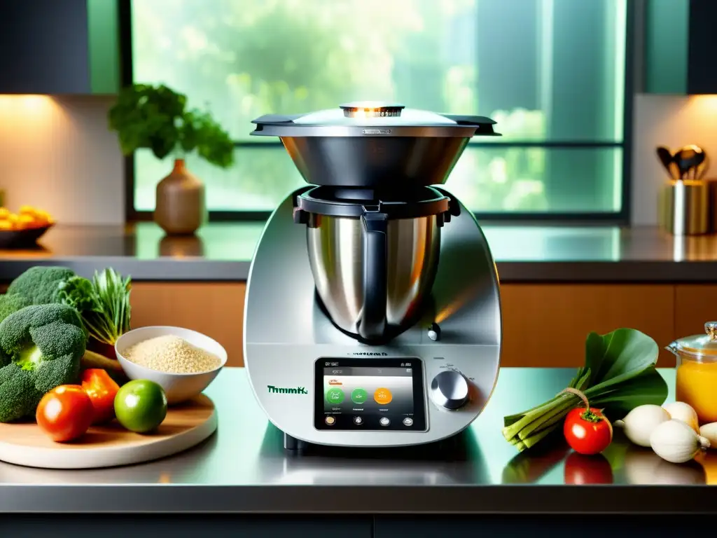 Thermomix TM6: Cocina moderna y versátil Un elegante y moderno mostrador de cocina con la Thermomix TM6 como protagonista, rodeada de ingredientes frescos y utensilios de cocina