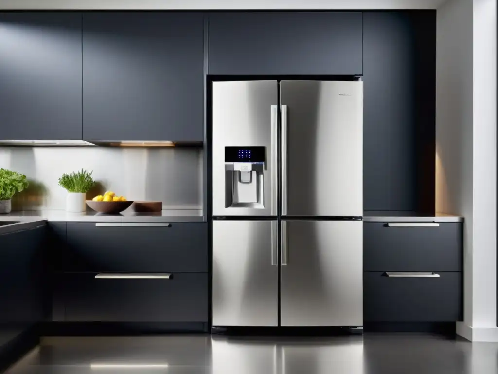 Refrigerador inteligente de alta tecnología en cocina moderna Un elegante y moderno refrigerador inteligente con pantalla táctil integrada, destacando las innovadoras características tecnológicas