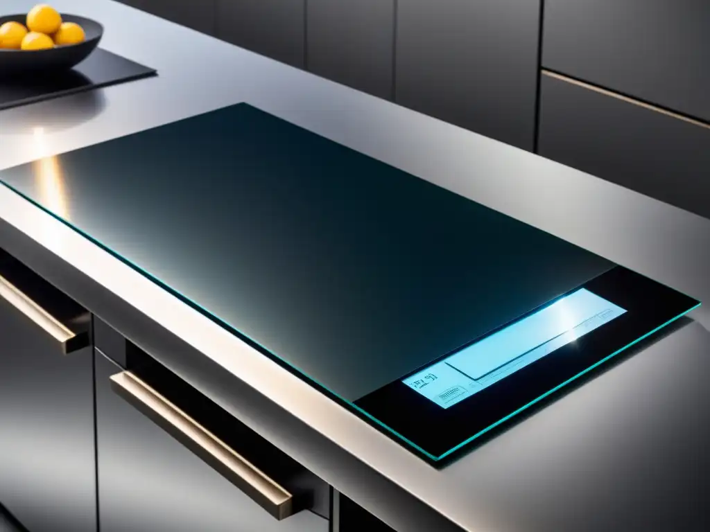 Encimera de cocina de material compuesto metálico con estilo futurista Un elegante mostrador de cocina con materiales innovadores para electrodomésticos, de aspecto futurista y superficie reflectante