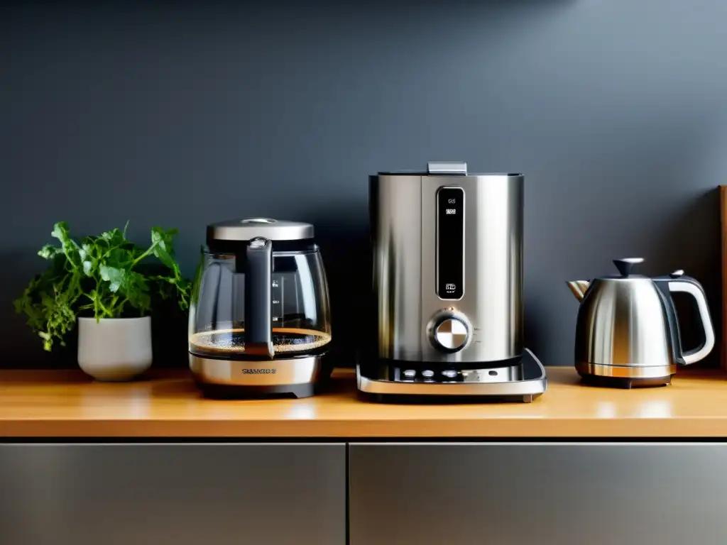 Electrodomésticos de cocina modernos en acero inoxidable Un elegante mostrador de cocina con los mejores pequeños electrodomésticos para hogar en un moderno acabado de acero inoxidable