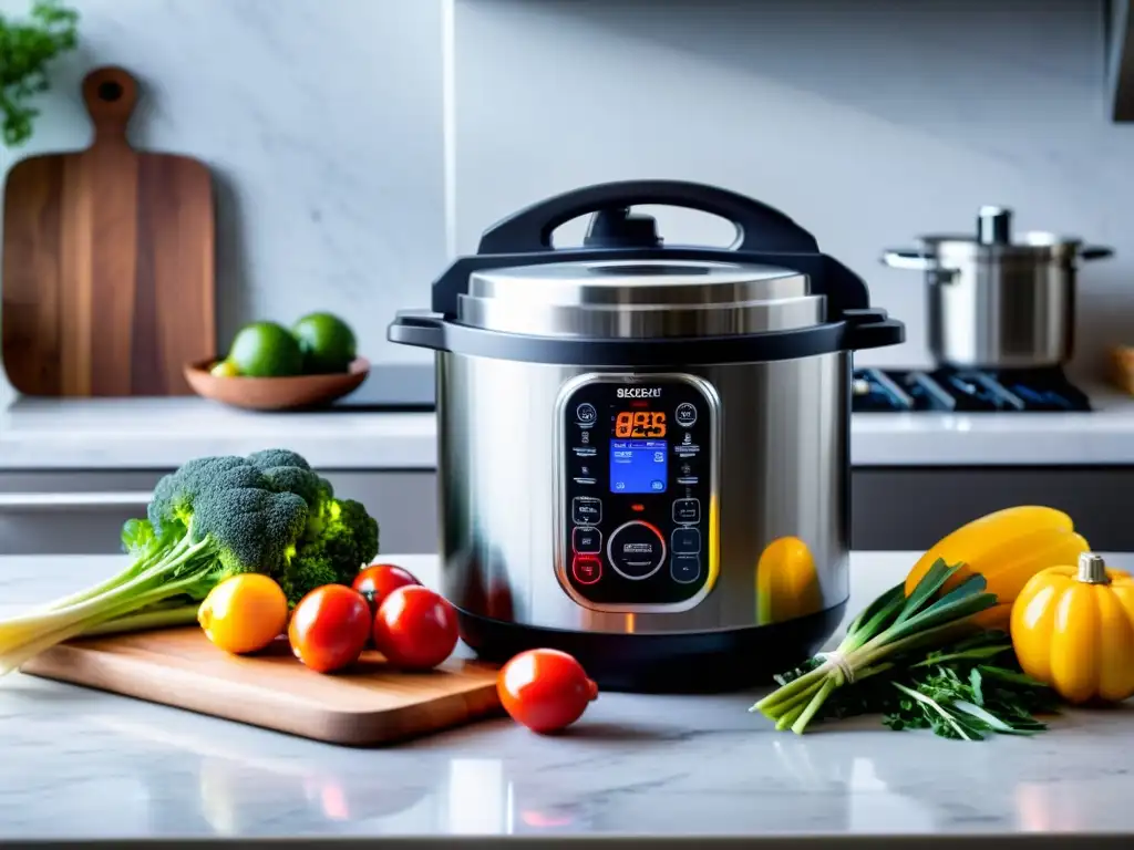 Olla de presión multifuncional de 8 cuartos: cocinar con estilo y rapidez Una elegante olla a presión multifuncional de 8 cuartos, rodeada de ingredientes frescos en una encimera de cocina iluminada por la luz del sol