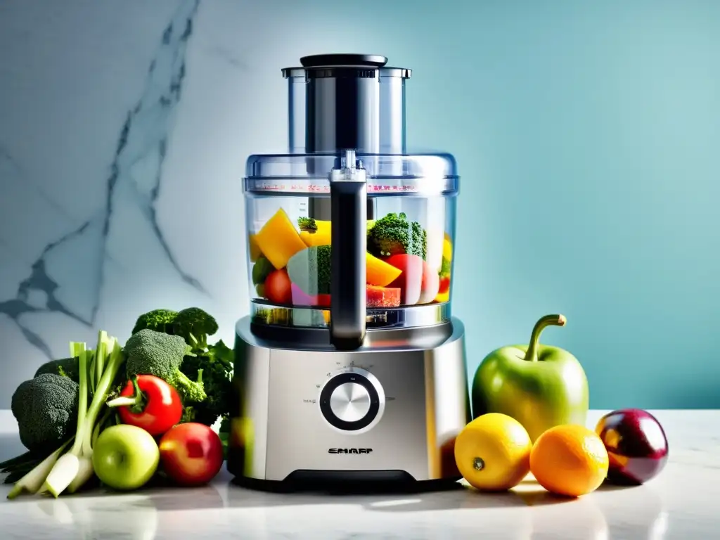 Procesador de alimentos de acero inoxidable junto a frutas y verduras frescas Un elegante procesador de alimentos multifunción de acero inoxidable sobre una encimera de mármol, rodeado de frutas y verduras frescas