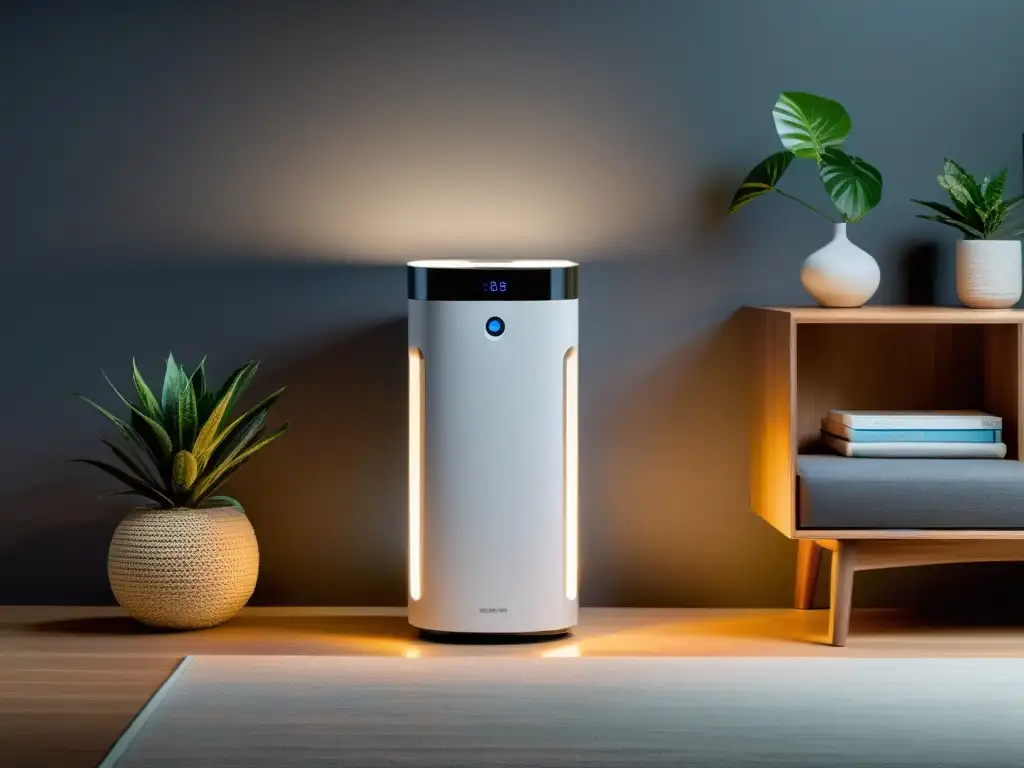 Purificador de aire moderno con sistema de filtración avanzado Un elegante purificador de aire con diseño moderno, iluminado con LED y avanzado sistema de filtración