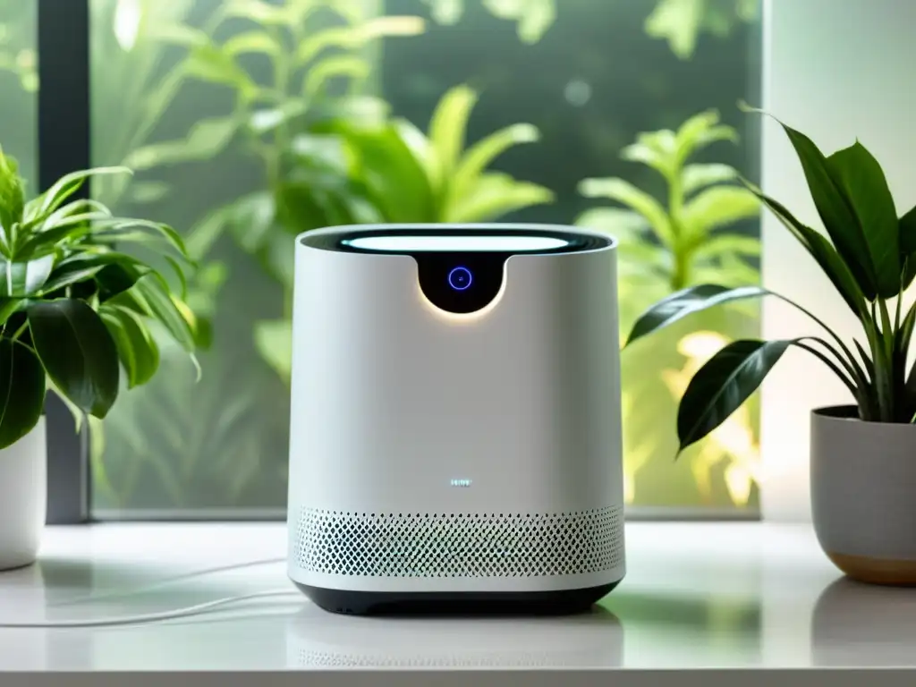Un elegante purificador de aire eficaz en un moderno mostrador blanco, iluminado suavemente, rodeado de plantas verdes exuberantes y luz natural