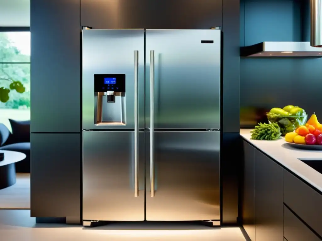 Refrigerador de acero inoxidable con frutas y verduras coloridas Un elegante refrigerador de acero inoxidable con puertas francesas y pantalla digital, repleto de frutas y verduras coloridas y organizadas