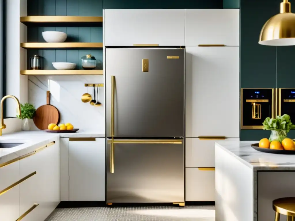 Refrigerador moderno retro de acero inoxidable en cocina minimalista Un elegante refrigerador de acero inoxidable con pantalla integrada y controles táctiles, en una cocina minimalista con toques retro y contemporáneos