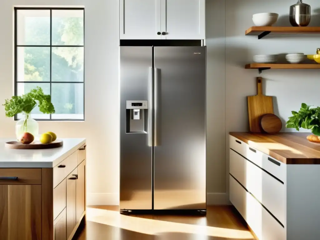 Un elegante refrigerador de acero inoxidable con diseño vintage y moderno, en una cocina luminosa que fusiona tradición y modernidad